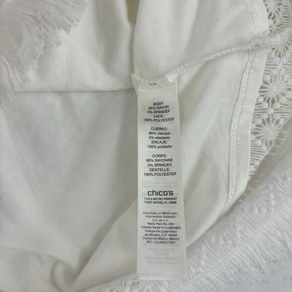 Chico's Stretch Knit Blouse Top Boat Neck Crochet Fringe Lace Trim White Size L - Picture 10 of 11